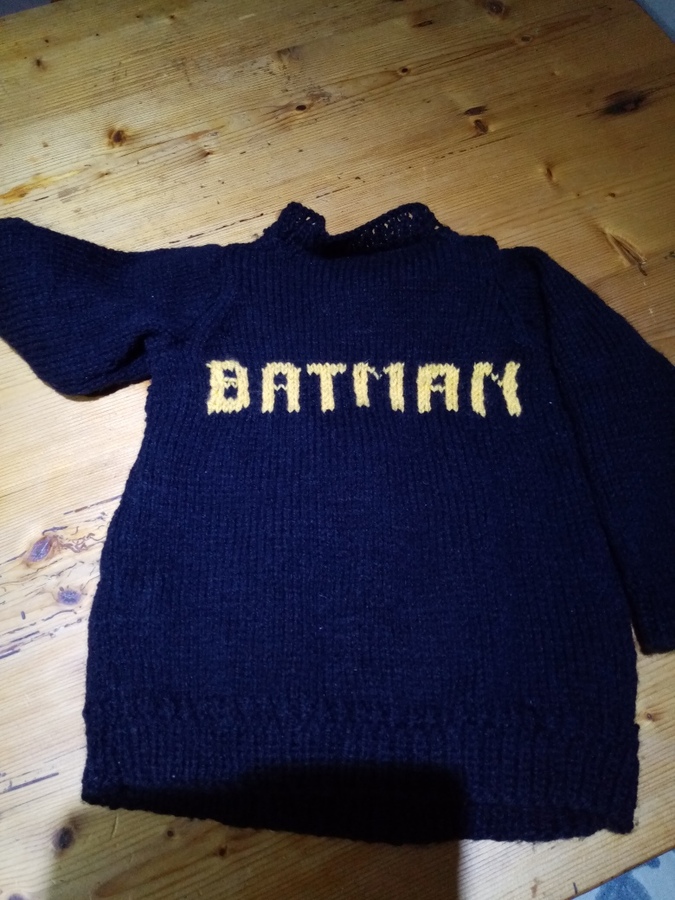 Jumper (back) made by Evelyn for Batman obsessed Grandson